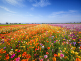 Vibrant fields of blooming wildflowers stretching as far as the eye can see. 