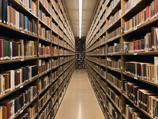 A library filled with rows of neatly organized books on shelves.