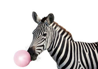 Striped African zebra blowing bubble gum on white background