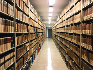 A library filled with rows of neatly organized books on shelves.