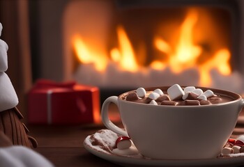 Obraz na płótnie Canvas hot chocolate with marshmallows, a warm cozy Christmas drink in a wooden tray in the dining room, blurred background, Christmas background. Generative AI
