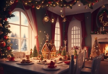 magical Christmas table full of desserts, gingerbread house, blurred background. Generative AI