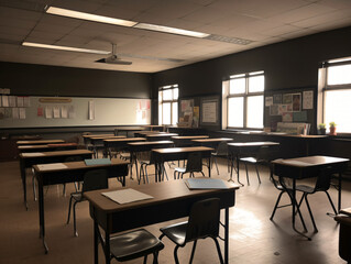 Fototapeta na wymiar An empty classroom with neatly arranged desks and a chalkboard in the background.