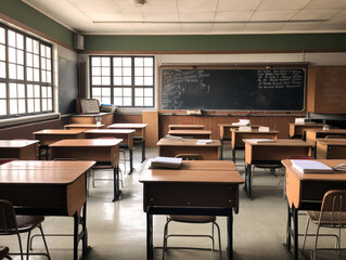 An empty classroom with neatly arranged desks and a chalkboard in the background.