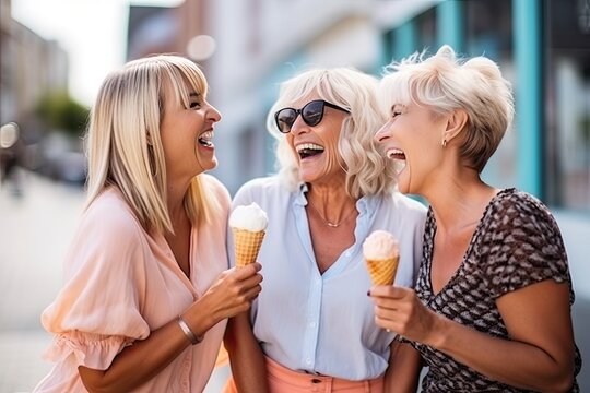 Group of happy women eating ice cream outdoors at city urban street- Three female friends having fun and walking together outside-Joyful.