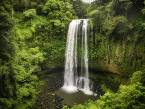Breathtaking view of a cascading waterfall surrounded by lush greenery.