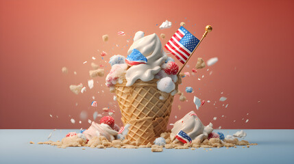 4th july ICE cream 3D illustration, Generative AI - obrazy, fototapety, plakaty