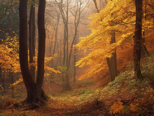 Fototapeta na wymiar Dense and enchanting forest in golden autumn hues.