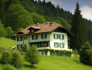 Fototapeta na wymiar a modern house in the mountains stock photo, generative AI