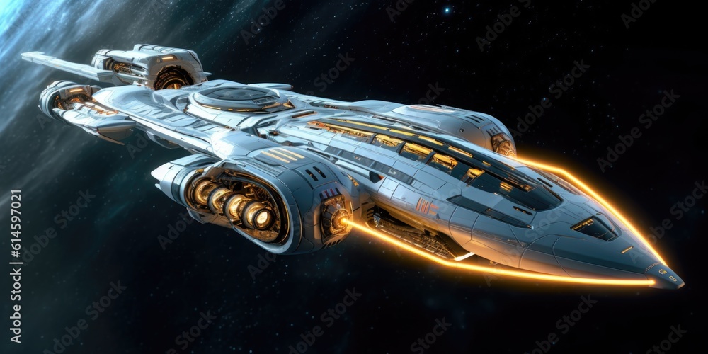 Poster the advanced and futuristic exploratory science carrier spaceship. generative ai aig27.