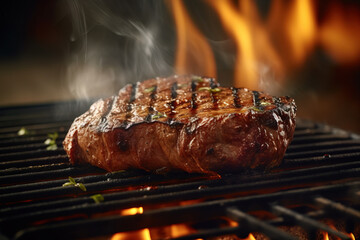 Delicious steak on flaming hot grill