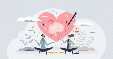 Mental health awareness and emotional care therapy tiny person concept. Psychological support and help after breakup, relationship crisis and frustration vector illustration. Feelings care or balance
