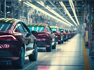 red cars in a car factory. Automotive industry