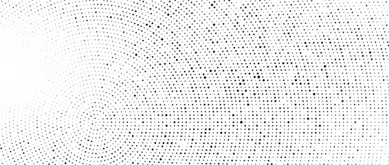 Radial halftone dots overlay texture. Dotted stains gradient background. Concentric fading comic texture. Black and white rough gritty wallpaper. Grunge monochrome spotted pop art backdrop. Vector