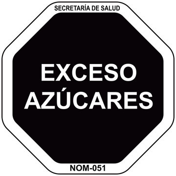 sellos frontales - Exceso Azucares - de advertencia octagonales en los empaques de alimentos_sello octogonal - nom 051 - fondo negro blanco