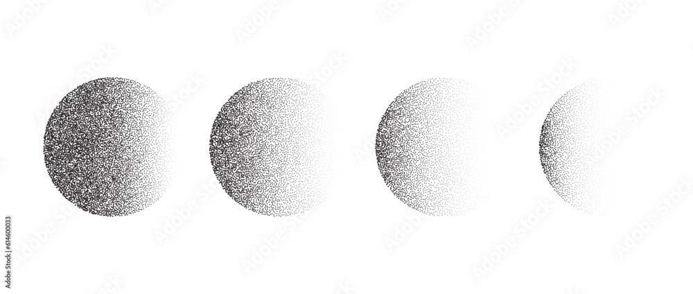 Aufkleber Set of textured gradient spheres. Black dotted circles collections. Stippled round elements pack. Fading noise grain dotwork shapes. Halftone effect illustrations bundle. Vector 