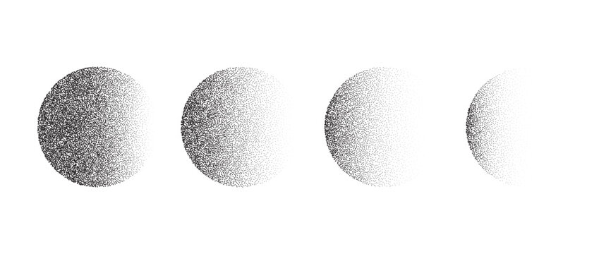 Set of textured gradient spheres. Black dotted circles collections. Stippled round elements pack. Fading noise grain dotwork shapes. Halftone effect illustrations bundle. Vector 