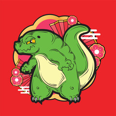 dinosaur illustration with japanese style for kaijune event, notebook, logo