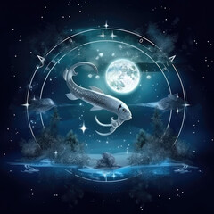 Pisces zodiac sign against space nebula background. Astrology calendar. Esoteric horoscope and fortune telling concept.