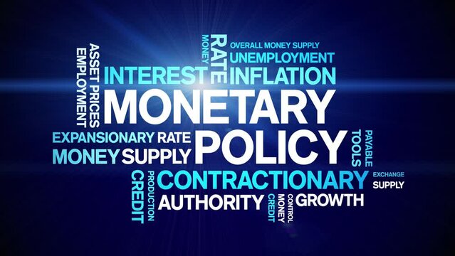 Monetary Policy animated tag word cloud;text design animation kinetic typography seamless loop.