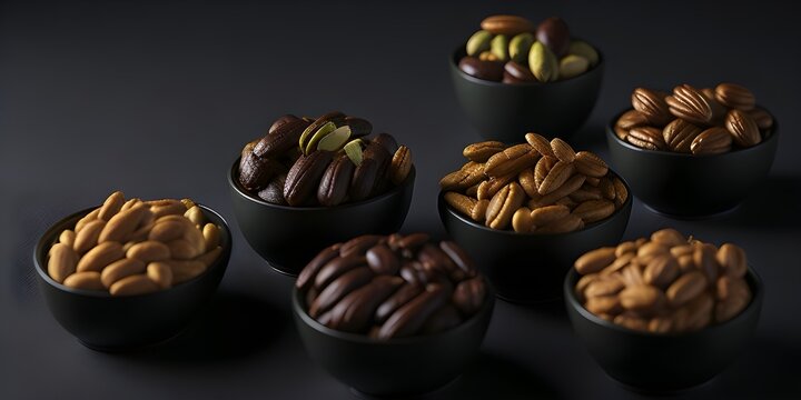 A Bountiful Collection of Cashews, Peanuts, and Pine Nuts in Colorful Bowls. Dried Fruits and Different Nuts in Elegant Setting. Almonds, Pistachios, and a Variety of Others Generative AI illustration