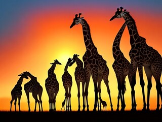 Fototapeta na wymiar Witness the mesmerizing beauty of nature's canvas as the sun gracefully descends, casting its golden glow upon the African savannah. In this enchanting spectacle, towering giraffes gracefully reveal t