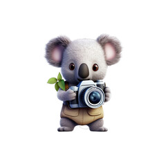 Photographer Koala is a cute koala holding a camera and wearing a camera strap.