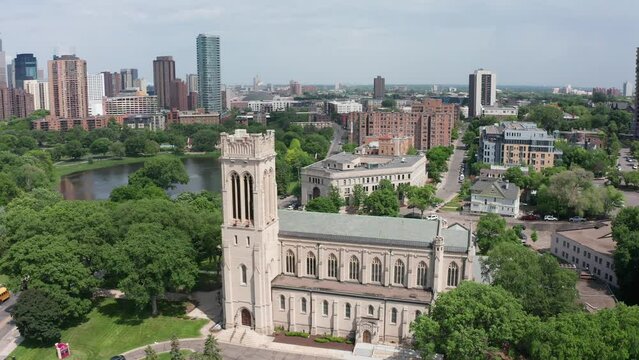 Aerial descending and panning shot of Saint Mark's Episcopal Cathedral in Minneapolis, Minnesota. 4K