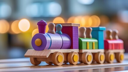 Wooden toy train with colorful blocs isolated