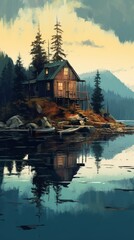 Digital painting of a lonely cabin on a very calm lake in the mountains with trees surrounding it. Boats on the dock.