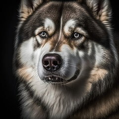 Adorable alaskan malamute or husky dog studio portrait on black isolated background as concept of domestic pet in ravishing hyper realistic by Generative AI.