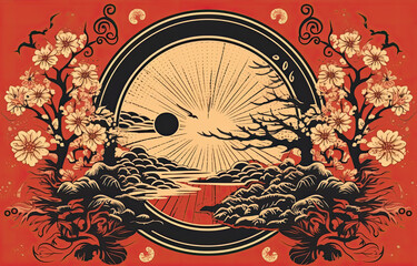 Ancient Japan Enlightenment Symbol in Japanese aesthetics style.
