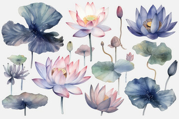 Set of lotuses flower, generative AI - obrazy, fototapety, plakaty