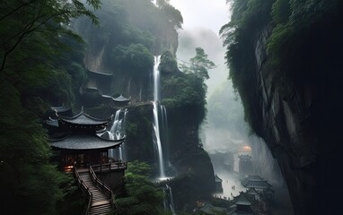 The ancient town with mist trees, mountains, and waterfalls.