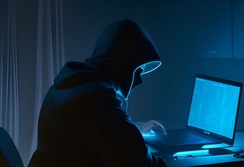 hacker wearing a black hoodie in the dark room. Generative AI