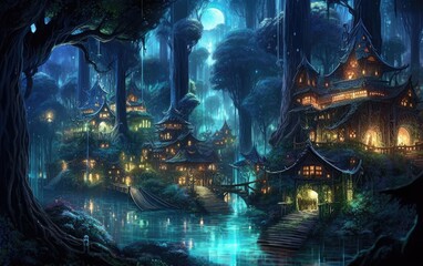 Houses in the Celestial Forest in the night.