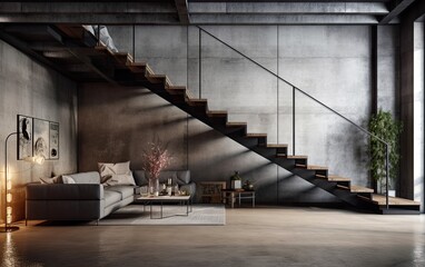 Loft style metal stair and concrete wall.