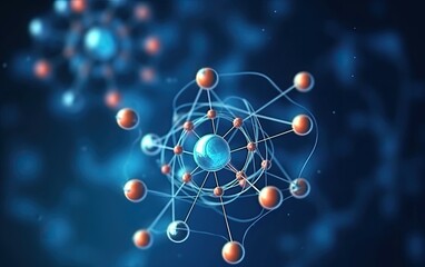 Atom, protons neutrons electrons on blue background.
