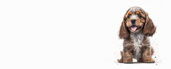 Banner of cute happy cocker spaniel puppy on white background. Space for text. Copy Space. Generative Ai. - obrazy, fototapety, plakaty