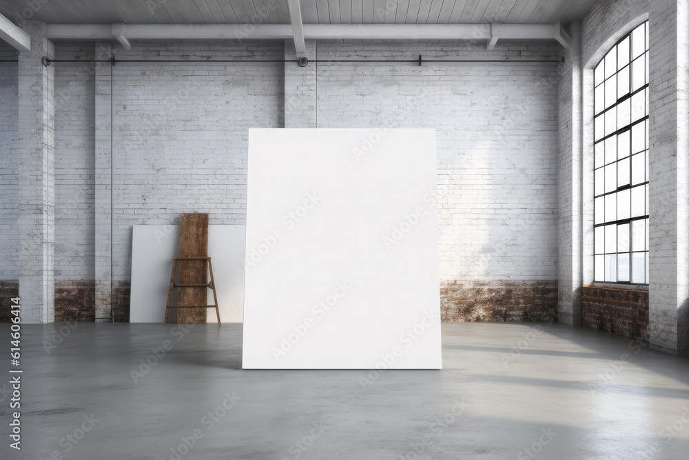 Poster White Blank Canvas with Free Space for Your Design in a Factory Loft extreme closeup. Generative AI