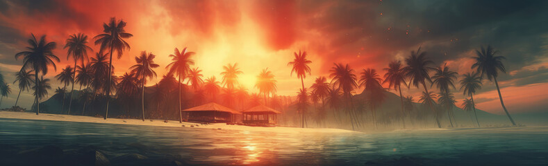 Fototapeta na wymiar Sunset on the Ocean Sand Beach with Palm Trees Landscape extreme closeup. Generative AI