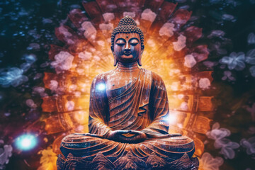 Statue of Spiritual Teacher Buddha in Calm Rest Pose with Shining Light on a dark background. Generative AI