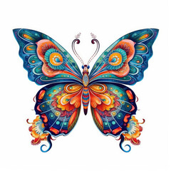 A charming butterfly with vibrant colors and delicate patterns on its wings on a white background. Generative AI