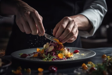 A Chef's Hands Skillfully Preparing a Delicious Gourmet Dish extreme closeup. Generative AI