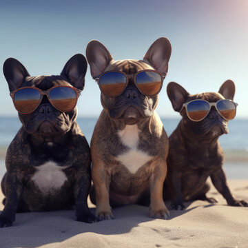 Cute French Buldogs Family in Sunglasses extreme closeup. Generative AI