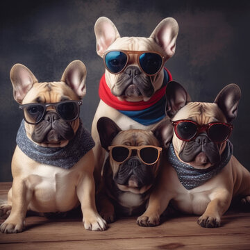 Cute French Buldogs Family in Sunglasses extreme closeup. Generative AI