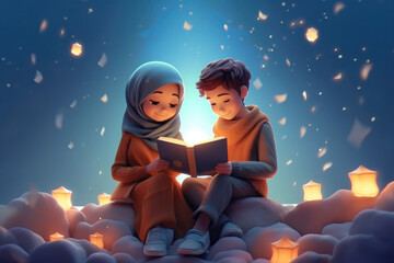 Obraz premium Cartoon Cute Girl and Boy Reading a Fairytale Magic Book Under the Magical Night Sky extreme closeup. Generative AI