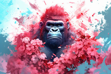Watercolor Gorilla Portrait among Colorful Flowers extreme closeup. Generative AI.