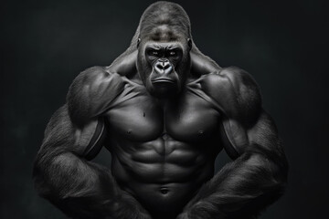 Gorilla Showing Big Muscles and Strength extreme closeup. Generative AI - obrazy, fototapety, plakaty
