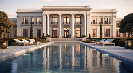 Fototapeta premium Luxury Modern Villa or Hotel Architecture with an Outdoor Swimming Pool extreme closeup. Generative AI